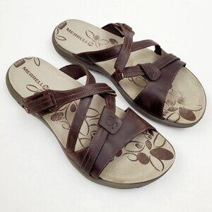 MERRELL Womens Size 10 Bracken Sway Brown Leather Slip On Slide Walking Sandals
